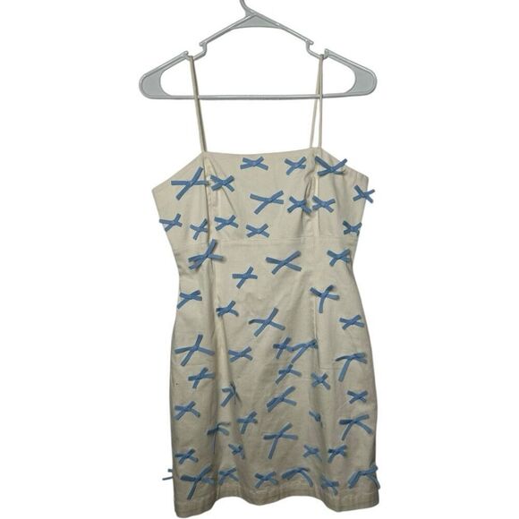 BHLDN Blue Bow Fitted Mini Dress Size 4 White Blue Cinderella Wedding Preppy - Picture 4 of 16